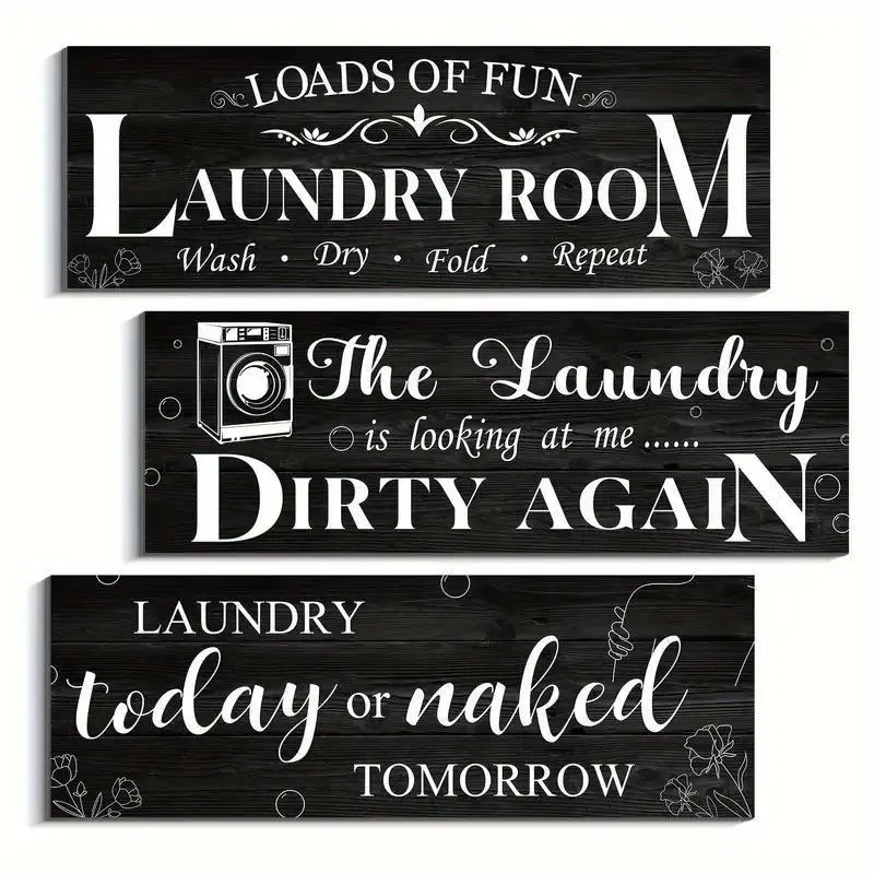 Laundry Room Wooden Wall Decor, 3 Counts/set Letter Pattern Wall Art, Wood Sign, Wall Decor Plaque, Wall Decor for Home Living Room Bedroom Bathroom, Bathroom Decorations, Hanging, Home Decor Products