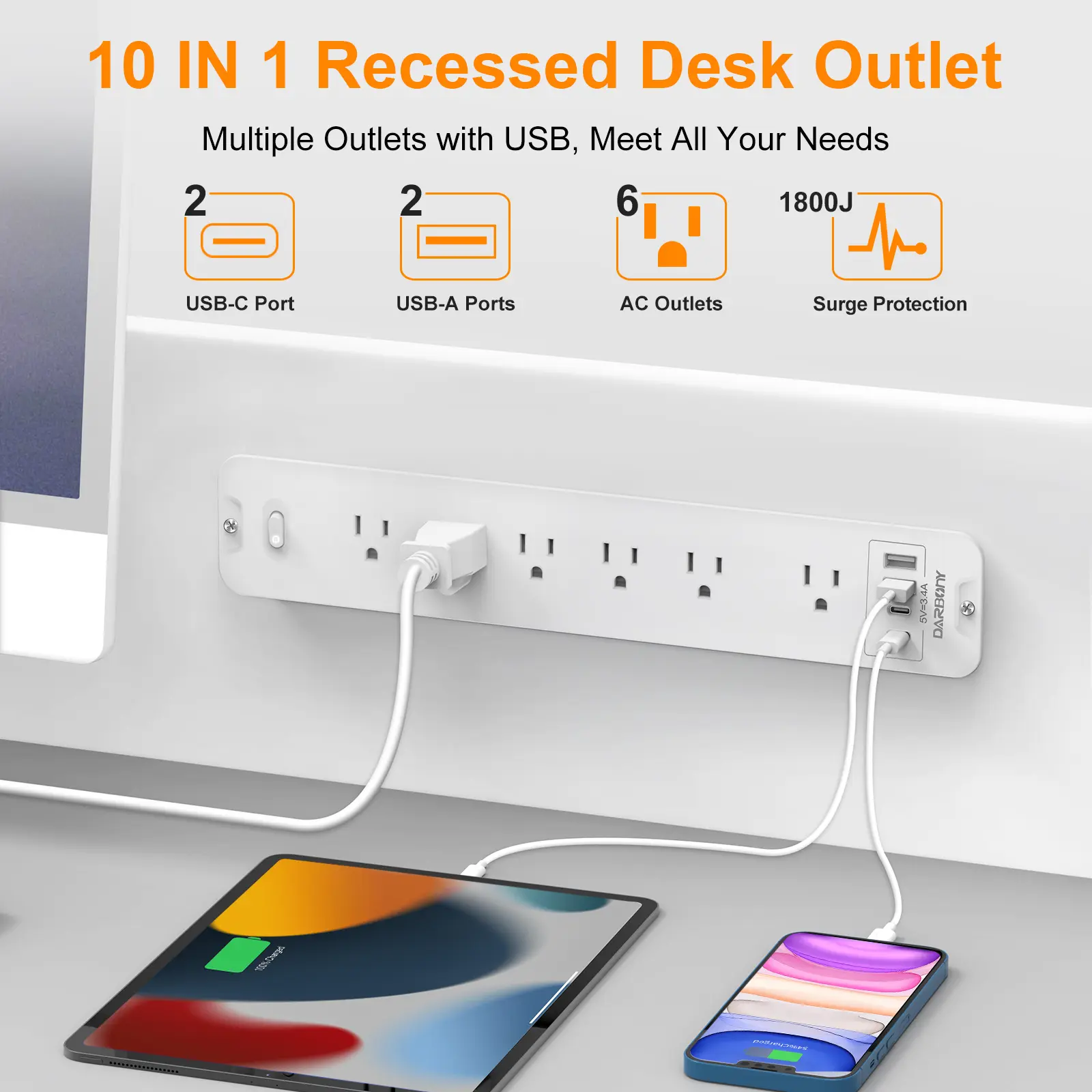 BEIZKNA Rectangular Recessed Surge Protector Charging Hub, 6 Outlets 4 USB Ports (Incl. USB-C), 1800J 1800W, 6ft Flat Plug Extension Cord, Flush Mount Desk Built-In Outlet, Indoor Use for Home Office Countertop, White