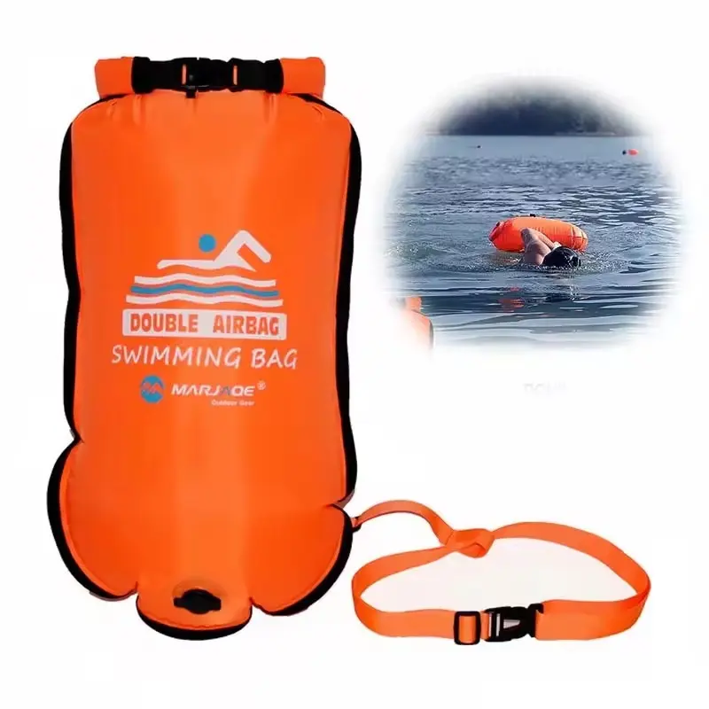 1PCS 20L Inflatable Open PVC Active Swimming Buoy Tow Float Dry Bag Double AirBag With Belt High Visibility Swimming Water Sport Safety Bag