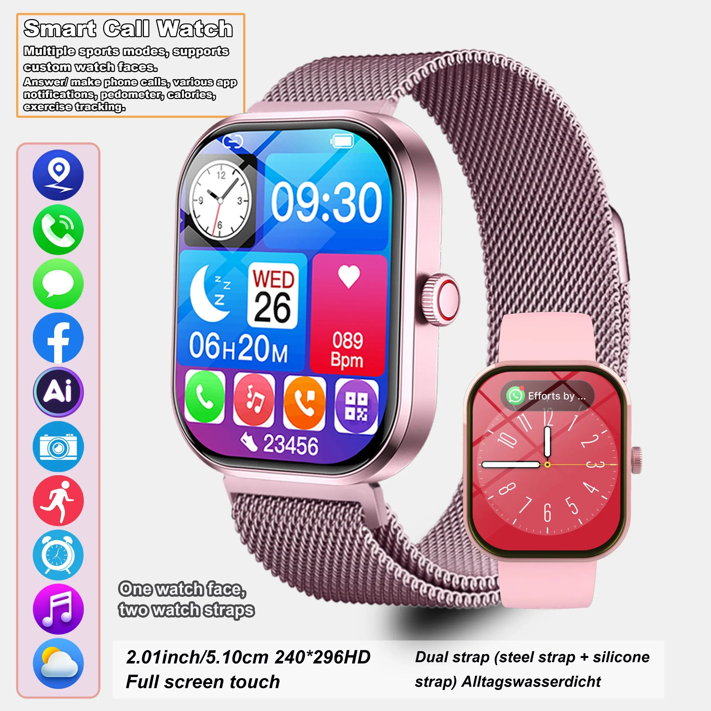 Full touchscreen, Calling smart watch for men and women, various sports modes, Sports Tracking Smartwatch, weather, music control, timer, alarm, square minimalist design, high-definition screen, multiple app notifications, Milanese strap for teenagers