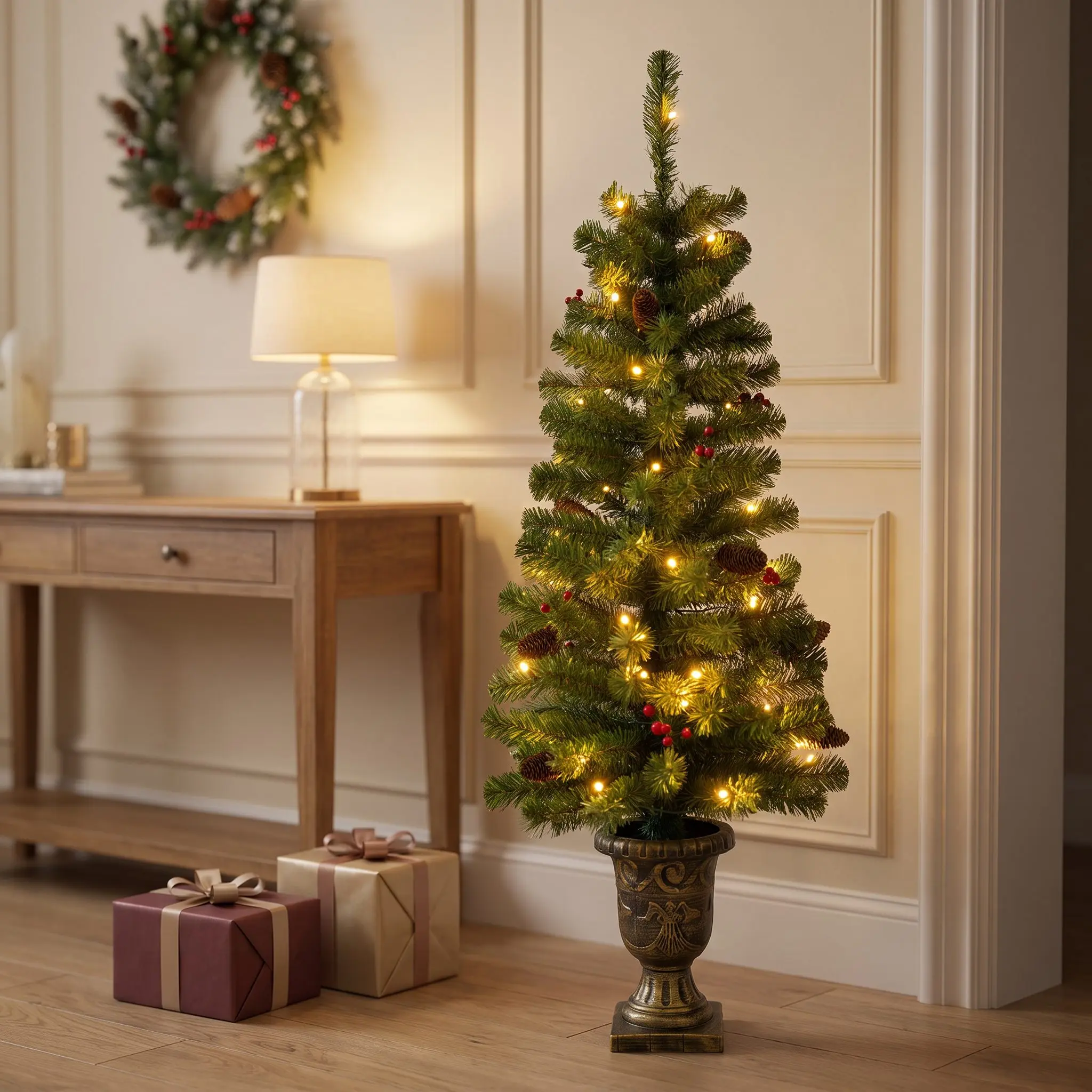 4FT Artificial Potted Christmas Tree with Lights, Pre-lit Mini Christmas Tree with 50 LED Lights, Small Fake Spruce Tree with 140 Branch Tips, Pine Cones&Red Berries, Battery Operated