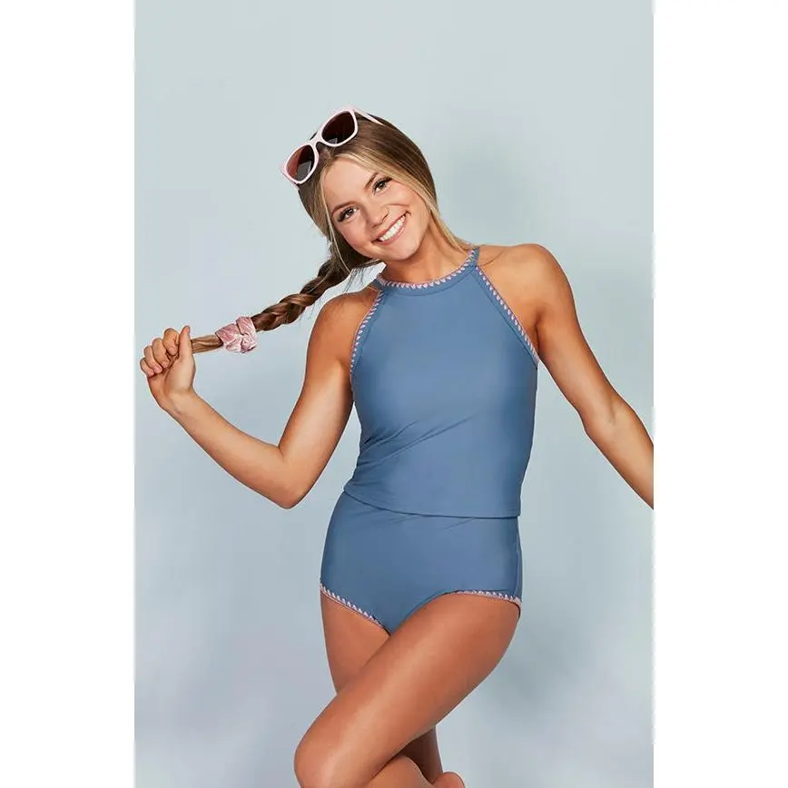 Embroidery Midkini Top  - Ash Blue