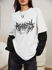 Women's Spring Autumn Sporty Two-Piece Long Sleeve Top, Unique Graphic Letter Print Mix, Fashion Outdoor Street Casual Style Tee Womenswear