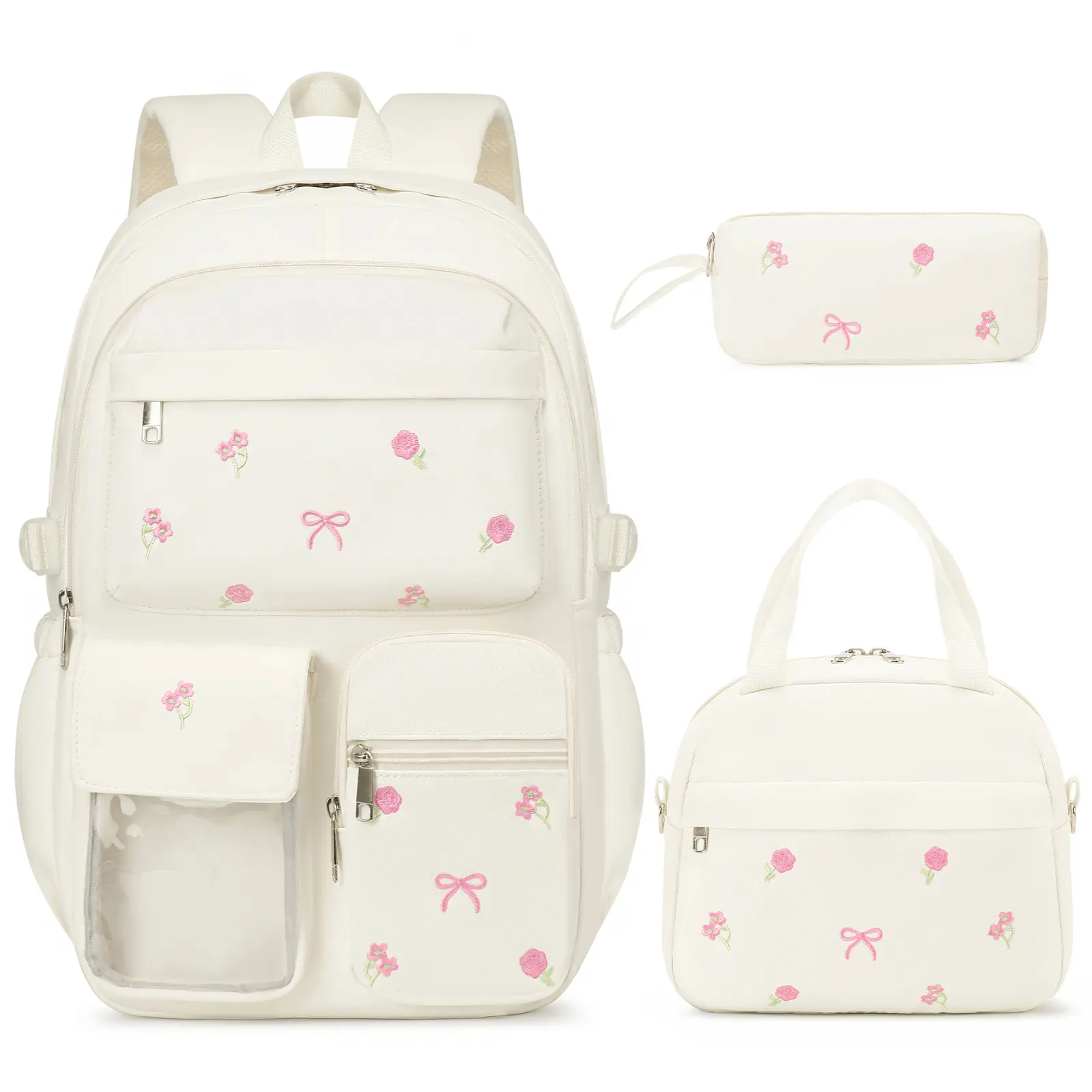 SIMILOVE Girls Backpack - 3PCS Embroidered Backpack Set for Girls with Lunch Bag and Pencil Case, Cute School Bookbag for Elementary Middle High School Students, Back to School Supplies