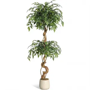 Ficus Artificial Tree with Curved Trunk, 5 ft Faux Plant Fake Silk Trees with White Pot, Fake Ficus Tree for Home Decor, Artificial Plants Indoor for Office Living Room
