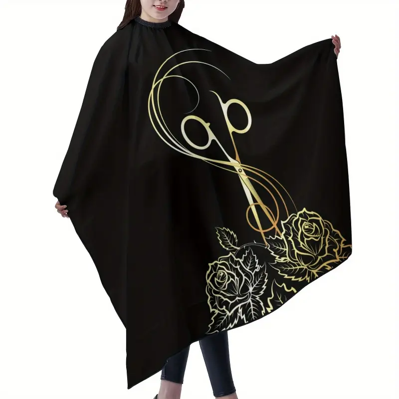 haircut cape, barber apron, Barber supplies, Black Hairdressing Gown with Gold Print Anti-Puncture, Easy-to Clean, Breathable Polyester Salon Cape for Barbers Stylists, Hair Cutting Accessories, Hair Styling Tools