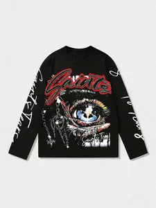 Men's Dark Culture Long Sleeve T-Shirt, Angel Eye Graffiti Print, Block, Fitted Soft Fabric, Breathable, Casual Stylish, Casual Streetwear