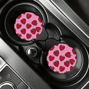 Strawberry Pattern EVA Car Cup Holder Coasters - Set of 2, Universal 2.75" Non-Slip Vehicle Beverage Pad, Durable Interior Accessories, Ideal Gift for Parties and Car Lovers