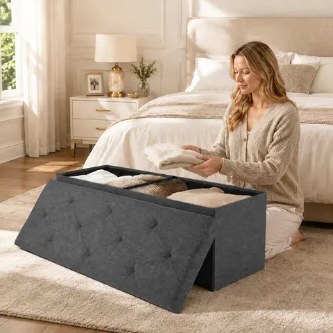[Summer Deal] Storage Ottoman Bench, Folding Ottoman Stool, Storage Chest, End of Bed Bench with Seating for Bedroom, Living Room Toy Box Footrest Furniture Durable Comfortable Sturdy Interior