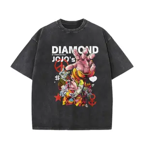 Vintage Washed Black Unisex T-Shirt – Bold Anime Character & Symbol Graphic, Oversized Fit for Outdoor Streetwear & Casual Aesthetic