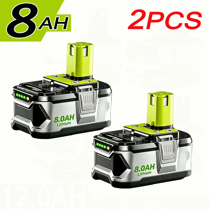 2Pack Lithium ion 8.0AH Batteries for Ryobi 18V Cordless Tools P108 P107 P105 P104 P103 P102 Replacement for Ryobi 8000mAH Battery