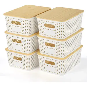 6-pack Plastic Storage Baskets With Bamboo Lid - Plastic Storage Containers Stackable Storage bins Organiser Kitchen Organiser Kitchen