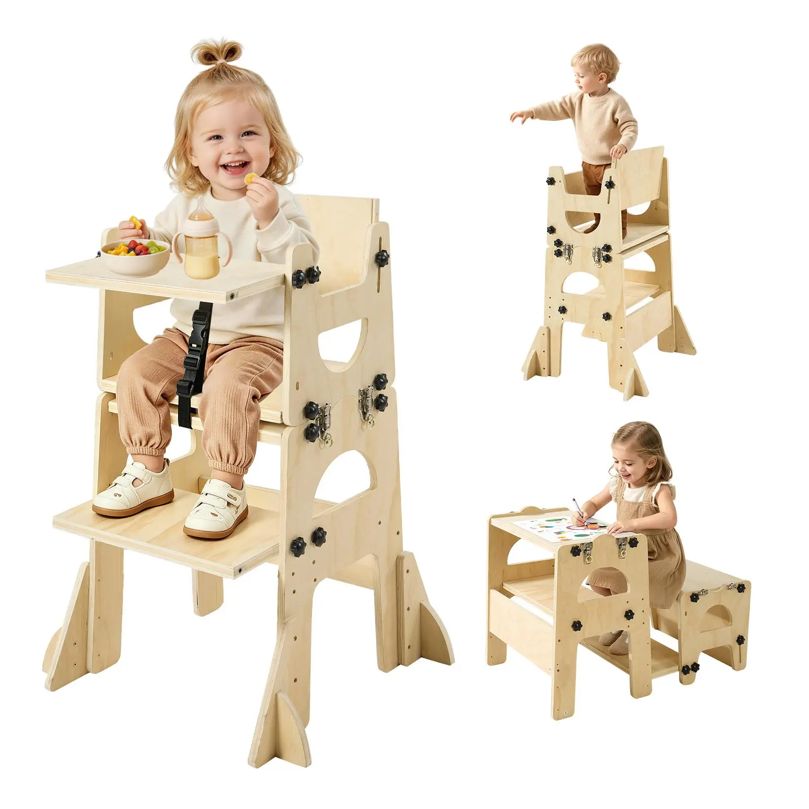 【SummerFinds】VEVOR Toddler Tower, Wooden, Adjustable Kitchen Step Stool for Kids 1-5, Montessori Weaning Table and Chair Set, Learning Standing Tower with Chalkboard, Backrest, for Bathroom and Kitchen Counter