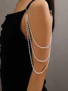 Women's Elegant Faux Pearl Decorated Tiered Layer Arm Chain, 2024 New Style Exquisite Trendy Arm Chain, Fashionable Body Jewelry for Party Decoration, Maximalist Jewelry