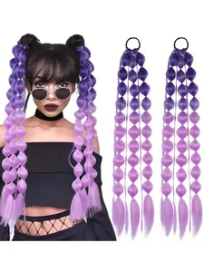 2pcs Long Gradient purple bubble ponytail hair extension band Multicolor Braided Ponytail + Bubble Ponytail Hair Extensions 24 Inch Wrap Around Ponytail Fluffy Ponytail Extensions Curly Braided Straight Textured Hairband Ponytail for Women Daily Use