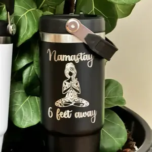 Titan Grip: 30 oz Custom Stainless Steel Tumbler with Handle - Namastay 6 feet away design
