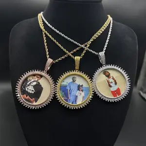 Large Big Round Custom Thorn Round Photo Frame Pendant Hip Hop Custom Pendant CZ Custom Necklace Suitable for Men Women Gifts