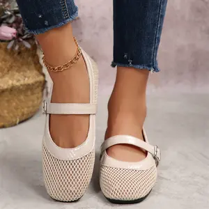 Women's Mesh Breathable Flats Square Toe Buckle Strap Casual Dress Shoes