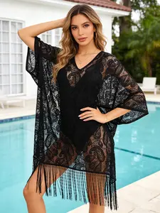 Women's Sheer Lace Blouse, Paisley Pattern Lightweight Summer Top, Swimwear Cover Up, Breathable Casual Daily Wear, Layering Friendly Fashion Jfzj06