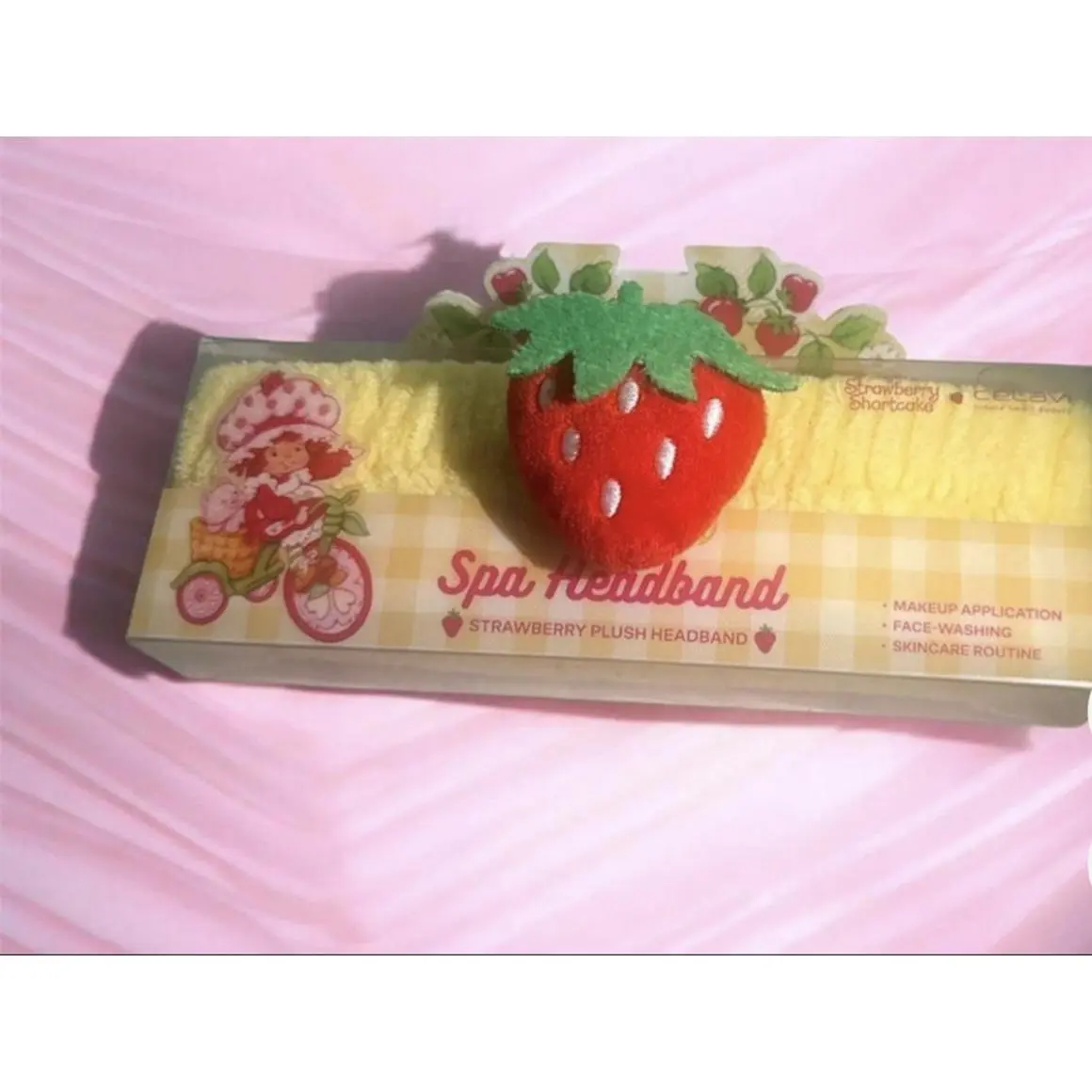 Strawberry Plush Headband with Cartoon Character Kawaii Cute Design for Spa Application Face Washing and Skincare Routine