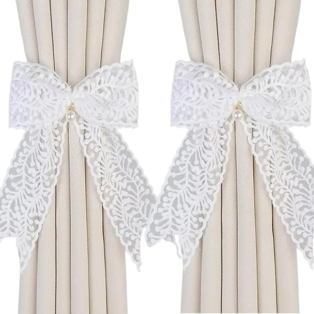 2pcs Bowknot Curtain Tiebacks, Sweet Lace Curtain Holdbacks, Adjustable Ribbon Drape Curtains, Home Decor Window Drapes, Window Decorations Supplies, Interior Decoration Accessories