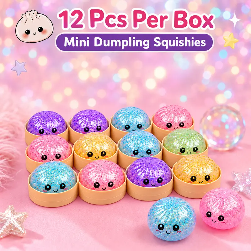 Squishies Toys, 12-Piece Box Translucent Mini 1.97in Glitter Fidget Sensory Balls, Random Assorted Color Cute Dumpling Desk Stress Relief Toys, Whimsical Cool Gifts for Kids Mini Gift Sets