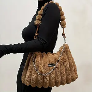 2026 Women's Lightweight Plush Faux Fur Crossbody Bag with Detachable Adjustable Chain Strap Large Capacity Zipper Closure Caramel Color Versatile Shoulder Bag for Women Fashion Accessory Crossover Handbag Soft Texture Purse