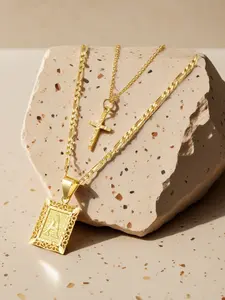 Trendy Layered Necklace Set, Dual-Layer Letter Design & Square Cross Pendant, Versatile Jewelry Piece for Everyday Wear, Modern Fashion Accessories