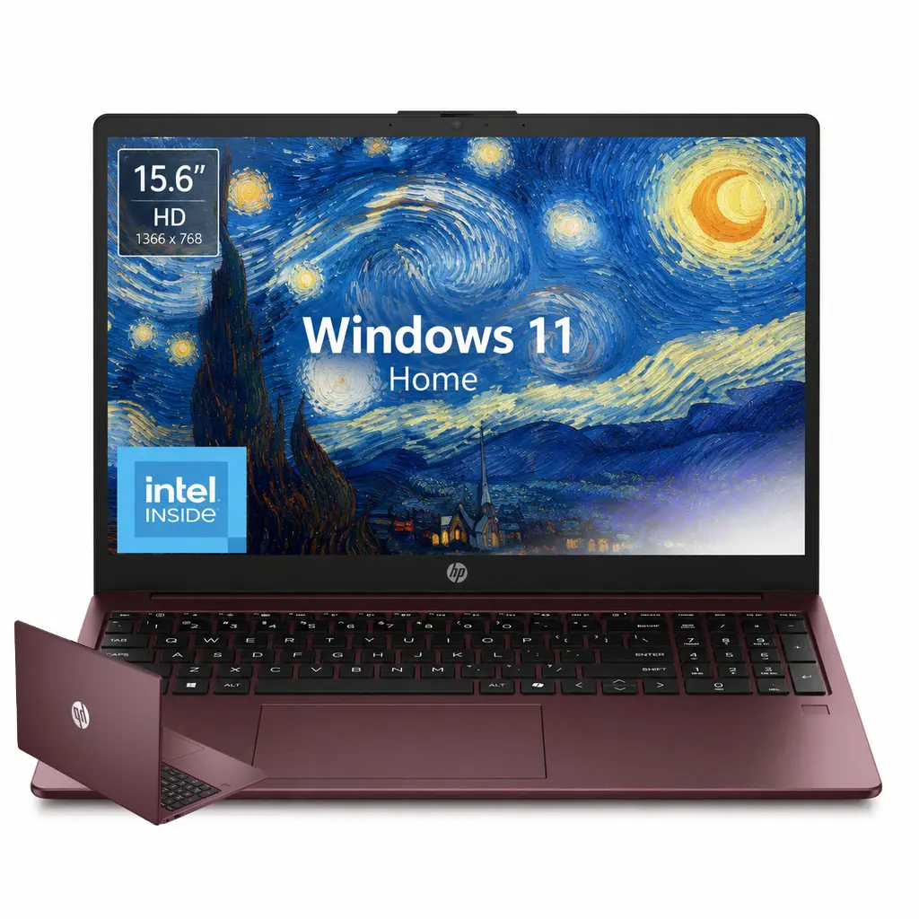 HP 15.6in HD Laptop Computer - Windows 11 Home, Intel Processor N200, 4/8/16GB RAM, 128GB UFS, Wi-Fi 6, Webcam for PC, HDMI, Numeric Keypad, Multi-Port Portable Wireless Laptops, Glimmer Garnet