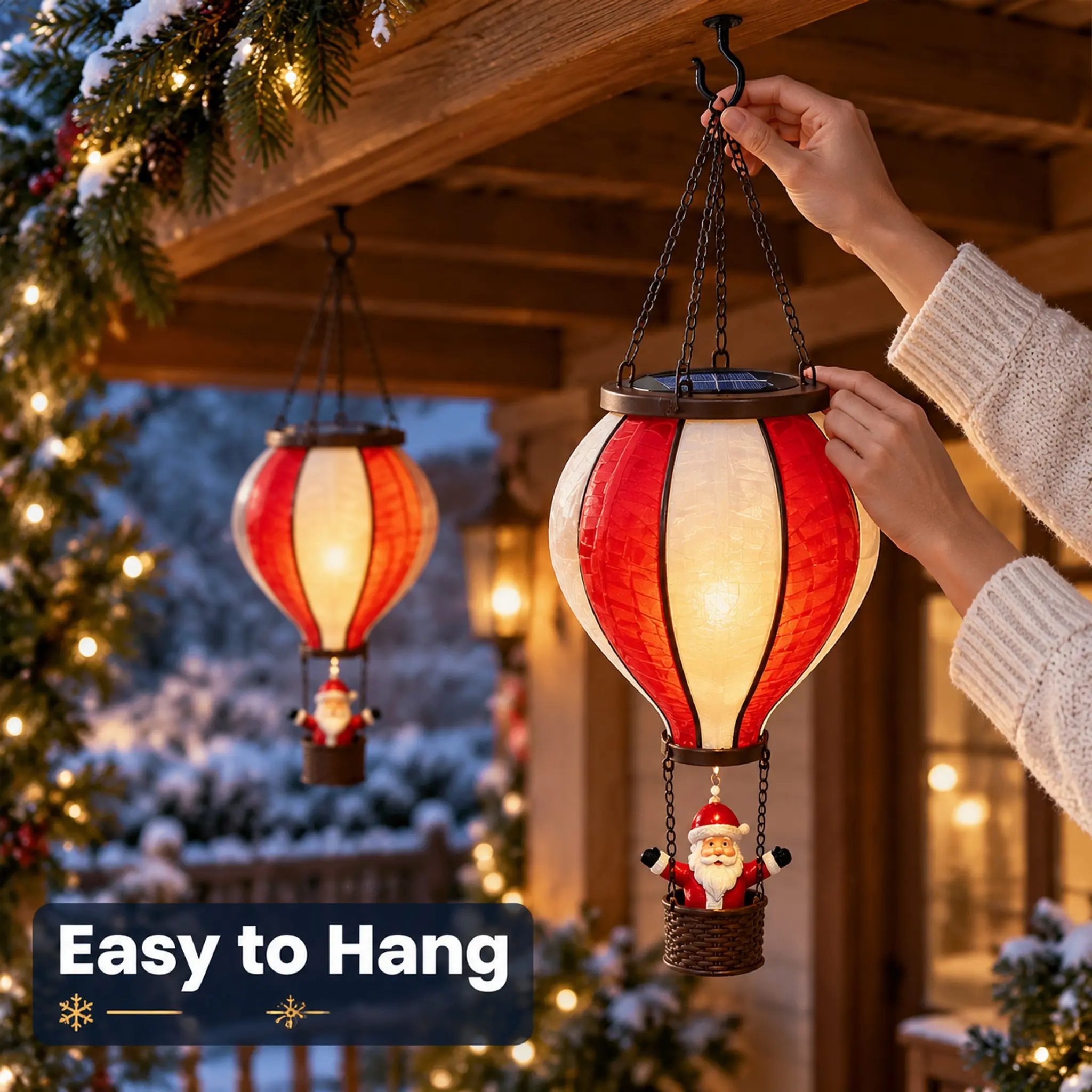 Outdoor Solar Santa Claus hot air balloon hanging light with smart light sensing, suitable for home entrance, porch, balcony, window sill, patio Christmas holiday party decoration festival gift
