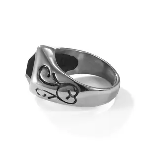2025erptk Black Stone Square Ring Dominant Men's Stainless Steel European and American Cross-border Personality Wrapped Ring Titanium Steel Jewelry Popular; Trendy New;