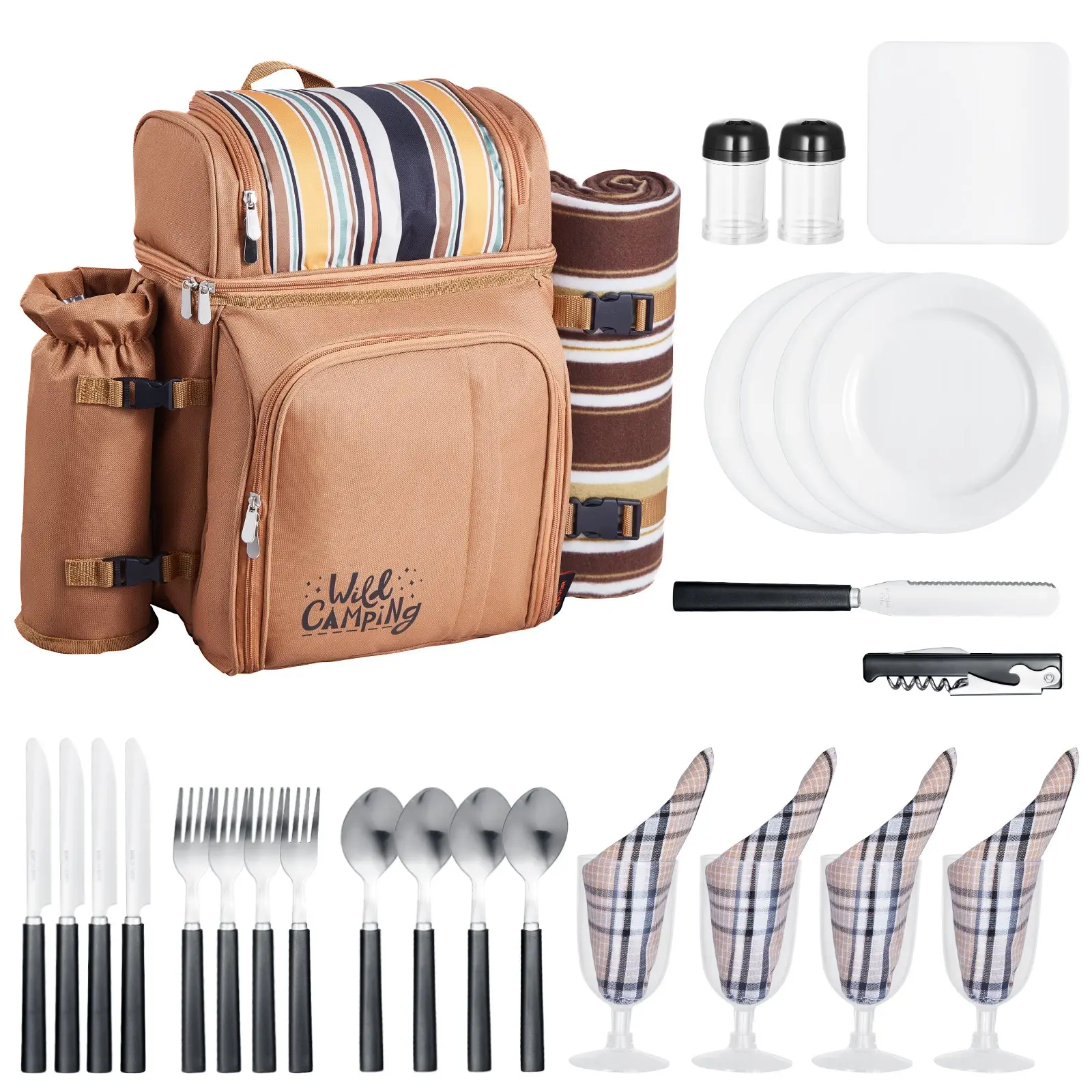 【Summerfinds】VEVOR 25L Oxford Fabric Picnic Backpack, 4-Person Portable Outdoor Bag with Insulated Cooler Compartment, Detachable Bottle/Wine Holder, Lightweight Blanket, Plates, Cutlery Set, Portable Handle, Smooth Zipper for Picnics/Camping, Brown,,, La
