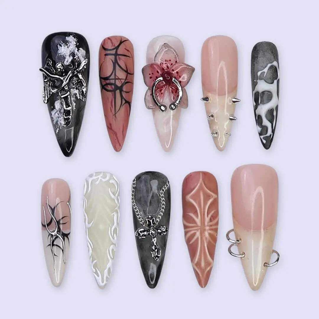 Gothic Press On Nails with 3D Cross, Angel & Floral Design | Handmade Reusable Fake Nails for Women
