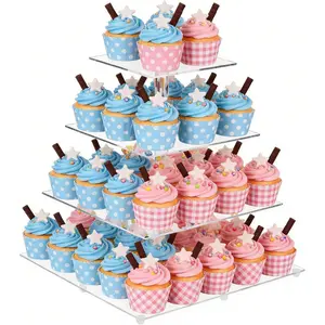 4 Tier Cupcake Stand for 50 Cupcakes, Clear  Cupcake Stand, Cupcake Holder for Parties, Weddings, Birthdays, Clear Cupcake Stand Ease of Assembly High Stability (Square)