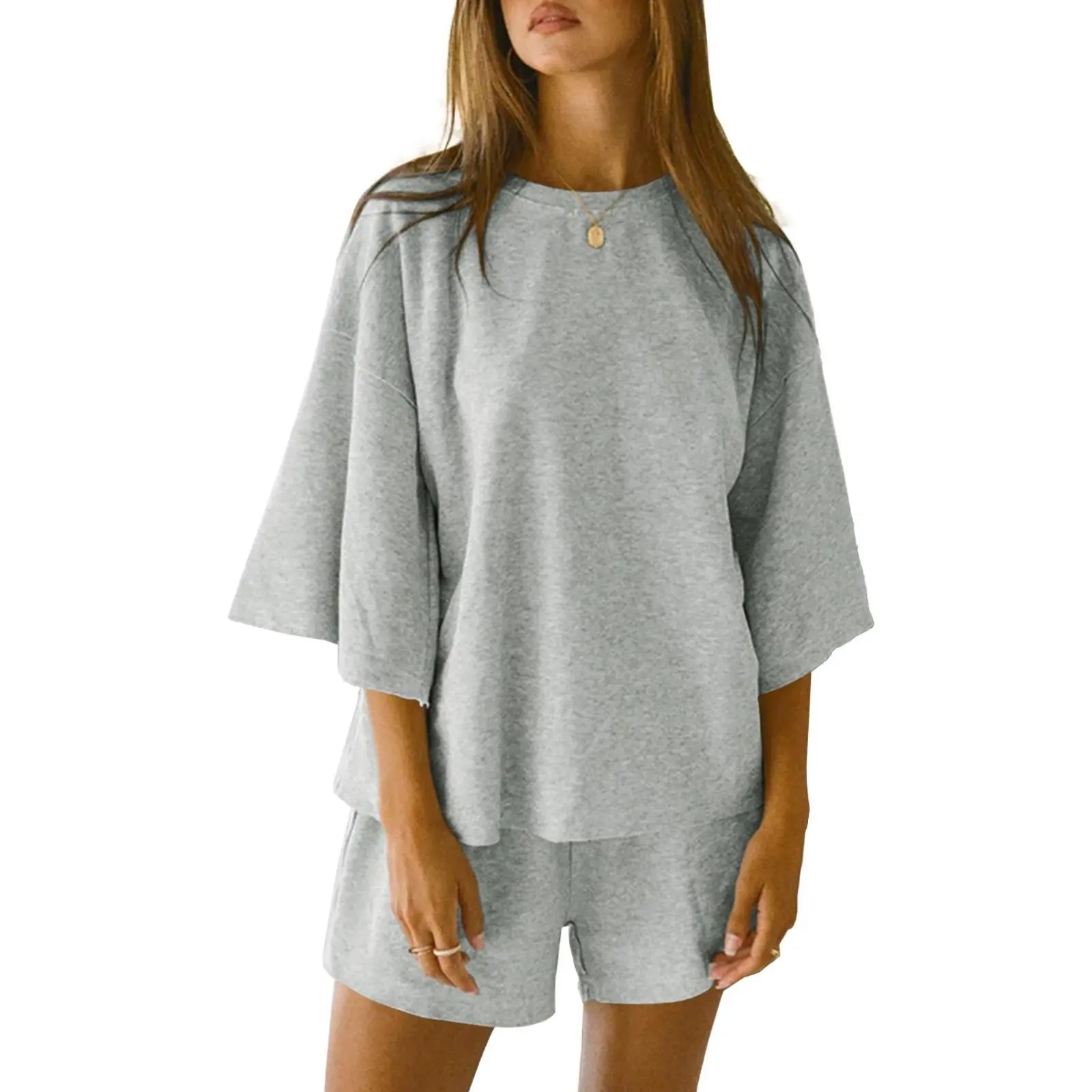 Lannew Womens 2 Piece Outfits 3/4 Sleeve Oversized Tops and Elastic Waist Shorts Lounge Sets Loungewear