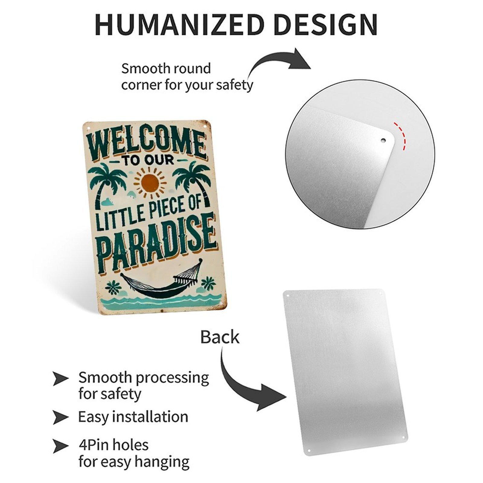 Welcome to Our Little Piece of Paradise Metal Sign, 8x12 Inch Vintage Tropical Beach Aluminum Tin Sign, Rustic Palm Tree Summer Welcome Wall Art Decor with Pre-drilled Holes for Beach House Pool Porch Patio Home Decor