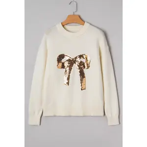 White Sequined Bow Graphic Christmas Holiday Sweater
