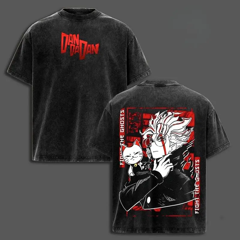 Men's Dandadan Okarun vs Turbo Granny Vintage Distressed Festive Short-Sleeve T-Shirt, Oversized Washed Soft Cotton Graphic Tee, Unisex Streetwear Casual Manga Top Gift for Anime Fans