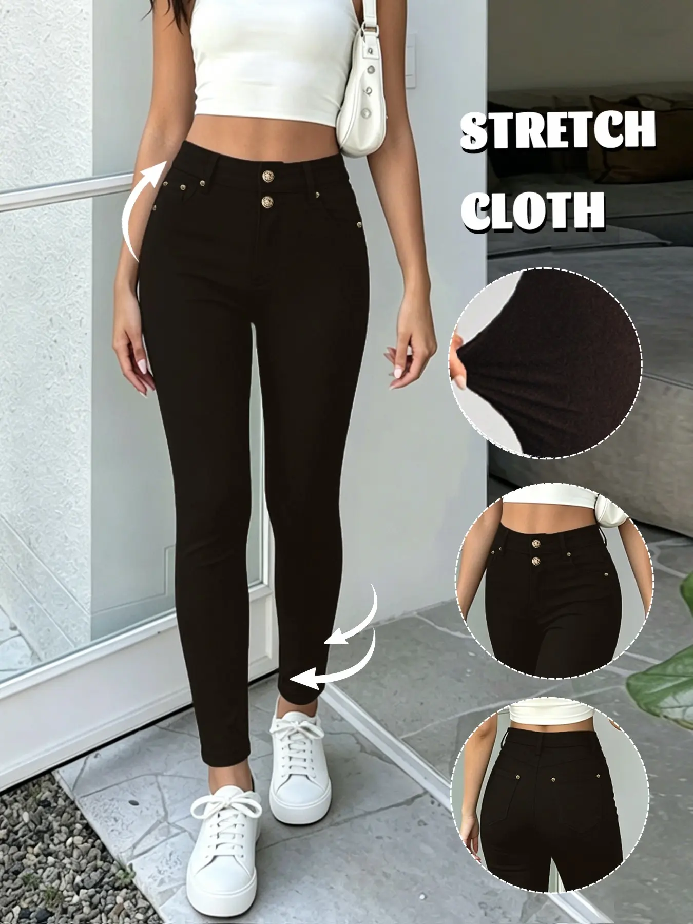 GILIPUR Women's High Waist Double-Button Black Stretch Viscose Fabric Skinny Pants, Tummy Control & Butt Lifting Elegant Design, Slimming & Versatile Fit, Perfect for Work and Daily Wear