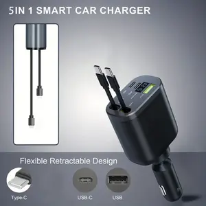 Nuokaiqi 5-in-1 Retractable Car Charger, 60W Fast Charging Adapter with Dual Retractable    Cables, PD&QC 3.0 Ports, LED Voltage Display, Compatible with iPhone  Samsung