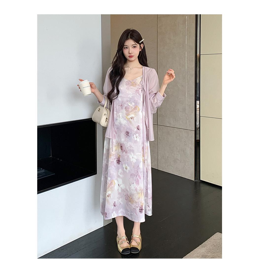 Sweet And Gentle Style Purple Printed Slip Dress Shirt And Cardigan Two-Piece Set