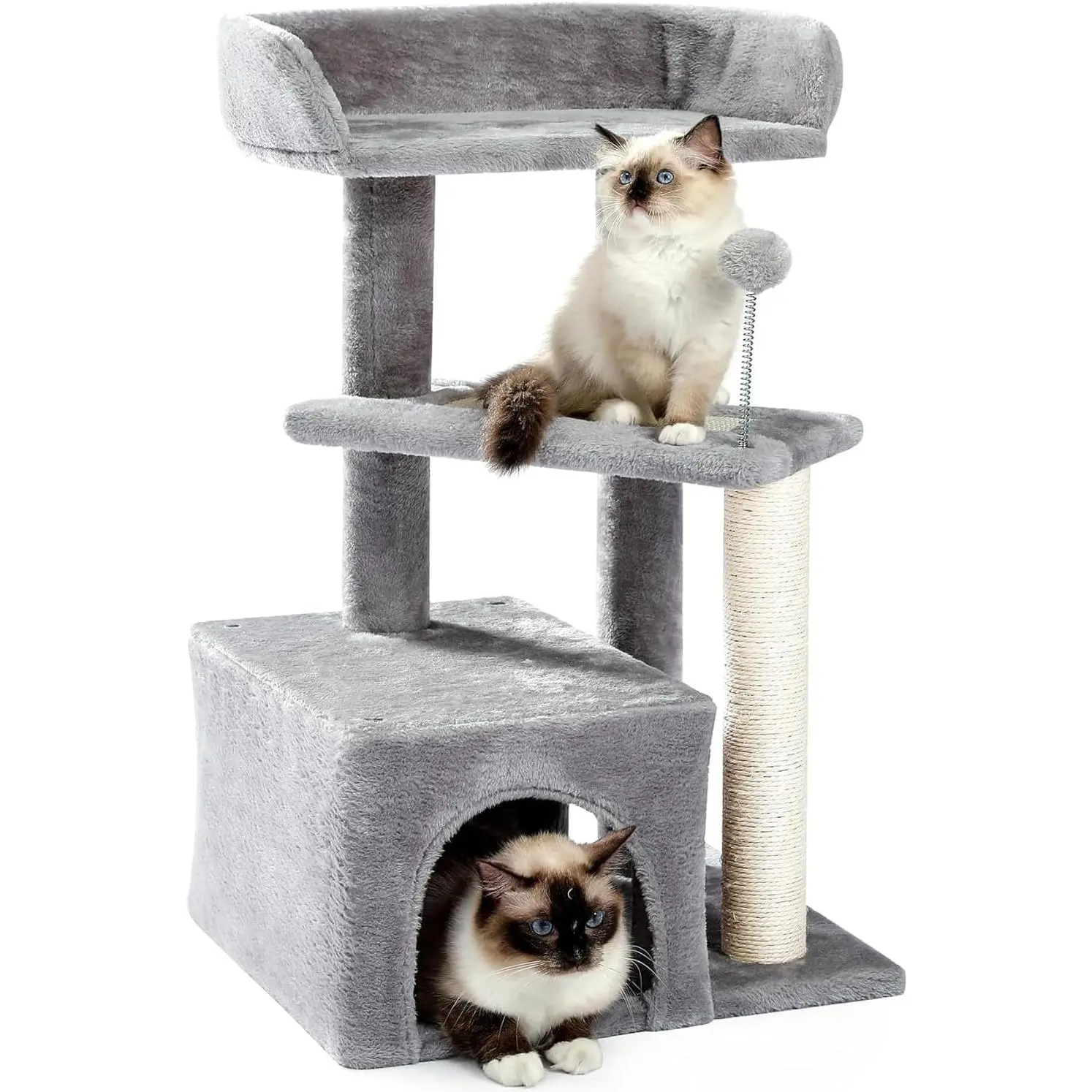 Cat Tree, Carpet Cat Tower Grey for Indoors Cats, Cute Wood Kitty Condo with Scratching Post and Pad, " Multi-Level Modern Activity Climbing Furniture for Small and Medium Cats