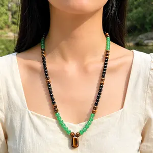 Wrapped Wish B Money Attraction Necklace With Green Aventurine & Tiger Eye Pendant Healing Crystal Stone ，Anniversary, Vacation &Theme Parties Jewelry Charms Abundance Crystal bracelet，Long Chain，Sweater chain，Ideal Gift Jewelry for Men and Women