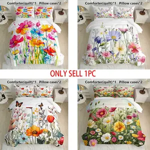 3-Piece Colorful Floral Quilt Set (1 Quilt + 2 Pillowcases), U-Shaped Stitching, 200gsm Filling, Breathable Soft Durable