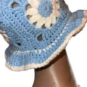 Crochet Granny Square Bucket Hat - Blue with White Accents, Round Shape, Soft Fabric, Ideal for Sun Protection