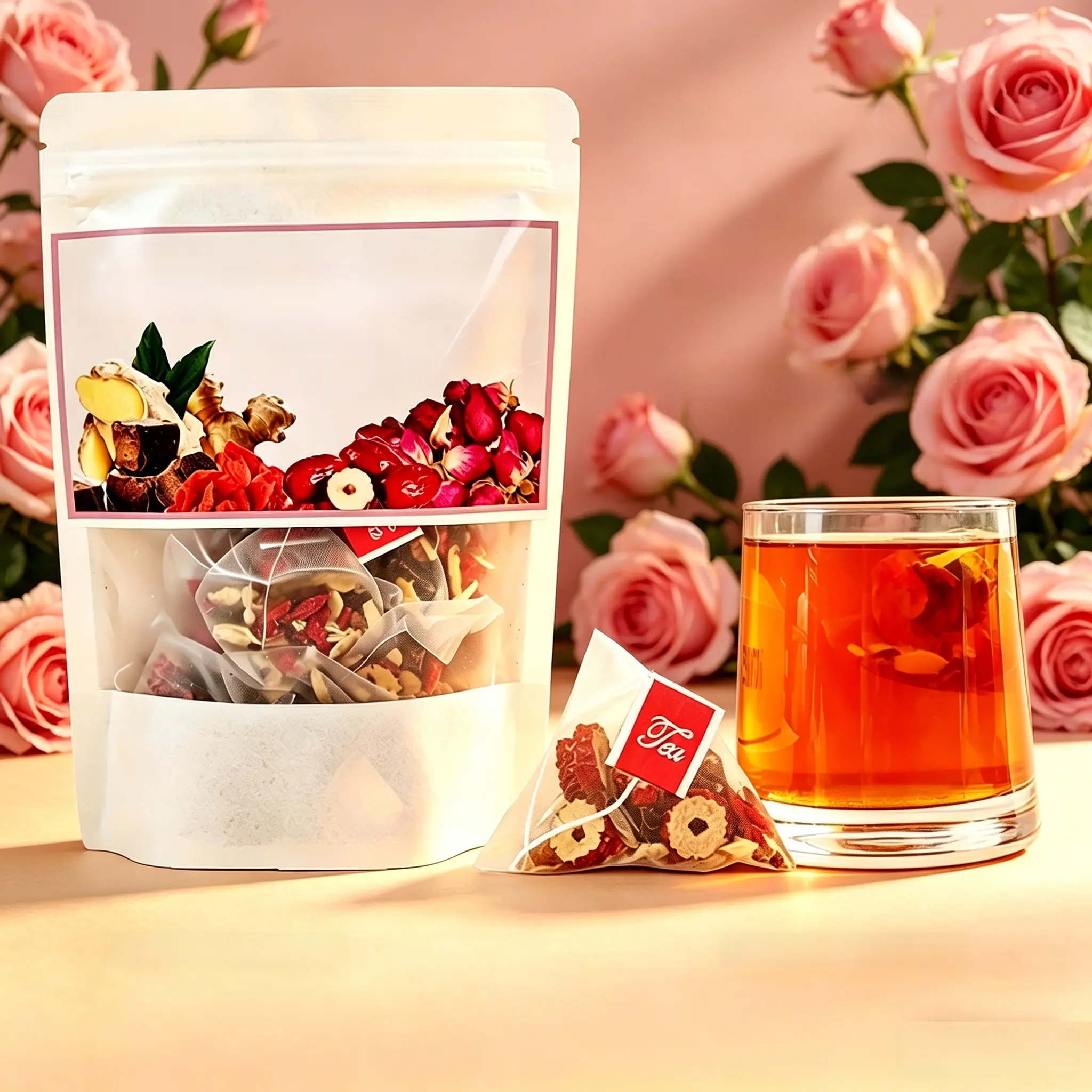 Rose Ginger Herbal Tea – 120g (12 Tea Bags) – Caffeine-Free Herbal Infusion with Red Ginseng, Goji Berry, Astragalus & Brown Sugar – A Warm, Natural Botanical Blend for Daily Wellness Drink