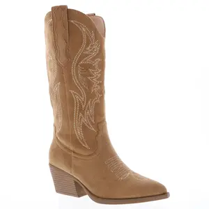 Josie Women's Cowgirl Western Boots Classic Camel Suede Leather Look Chunky Heel for Casual Wear