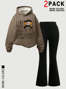 Women's Thick Warm Hoodie & Comfortable Flare Pants Set, Y2K Style, Fitted, All Seasons, Perfect Gift for Mom & Aunt