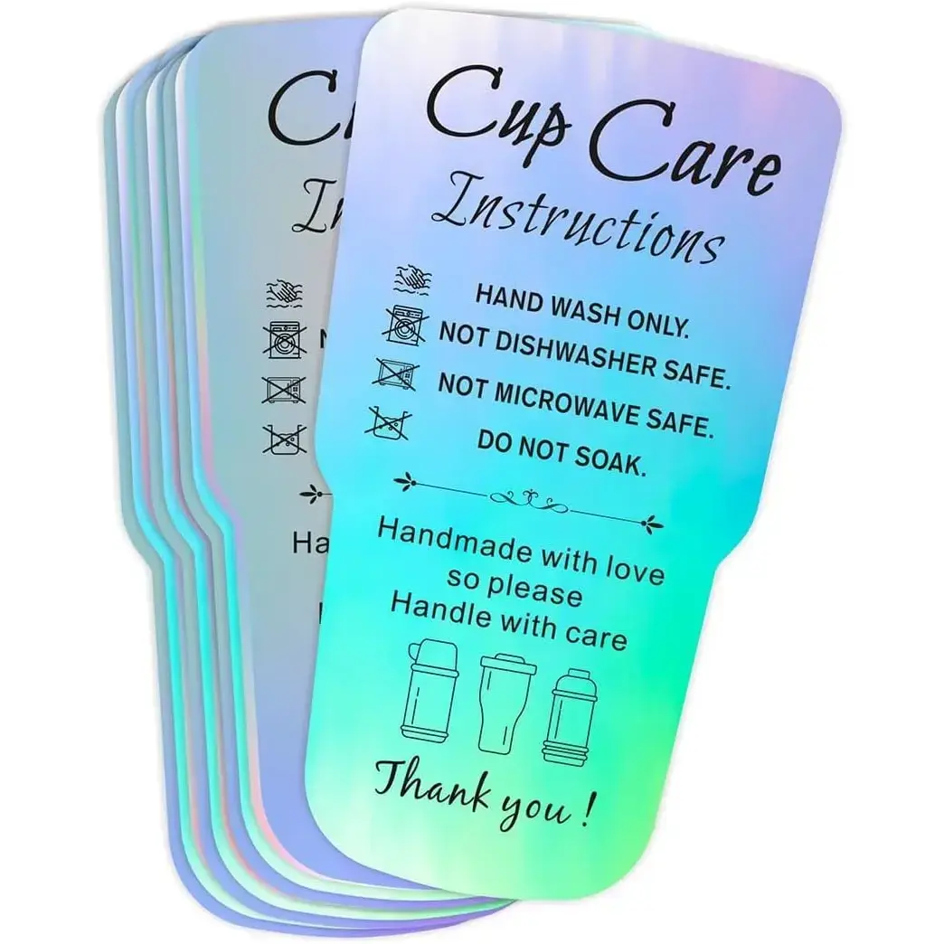 240 PCS Holographic Tumbler Care Instruction Customer Direction Cards - 2x3.5 in (5x9 cm) Guidance & Cleaning Tips Package for Mugs/Cups - Small Business Online Shop Owners Office Stationery