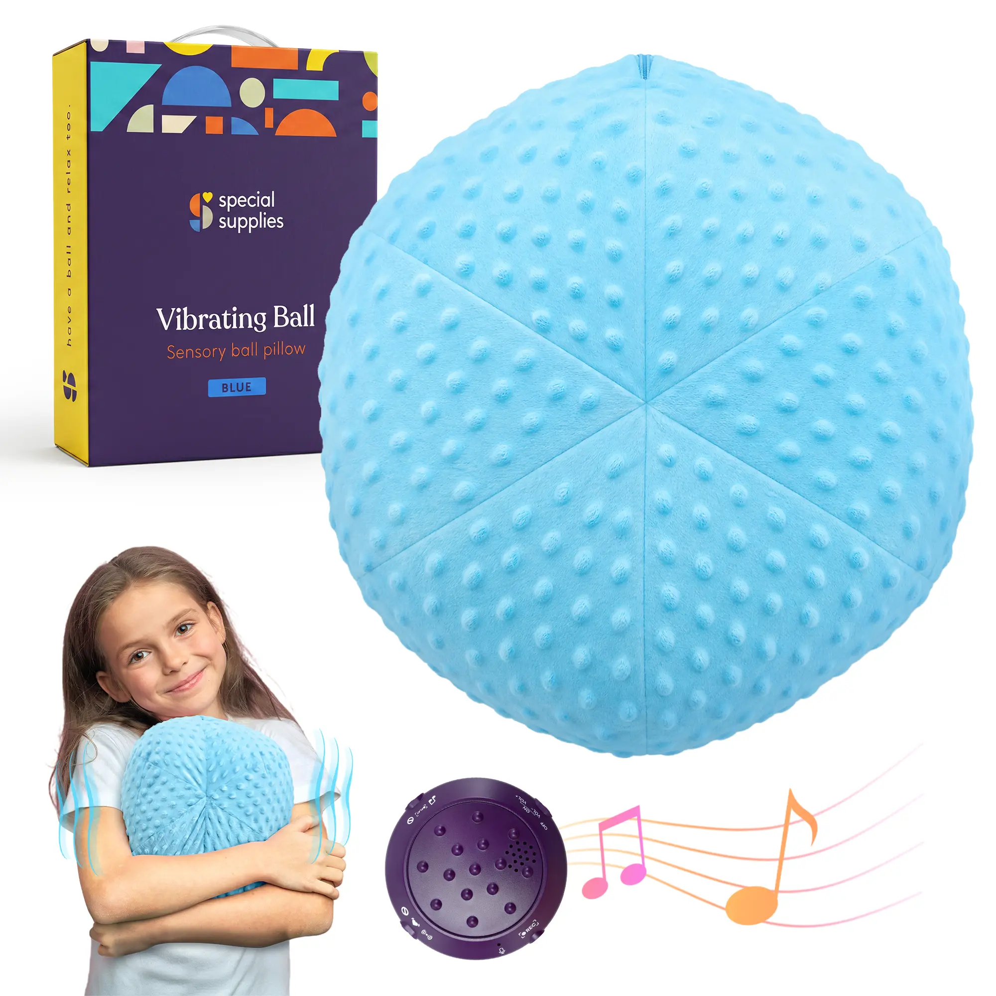 Special Supplies Pillow - Sensory Pressure Activated Calm for Kids and Adults, 14” Plush Cover -Textured Therapy Stimulation Bumps -3 Vibration Modes, Music & Voice Recording
